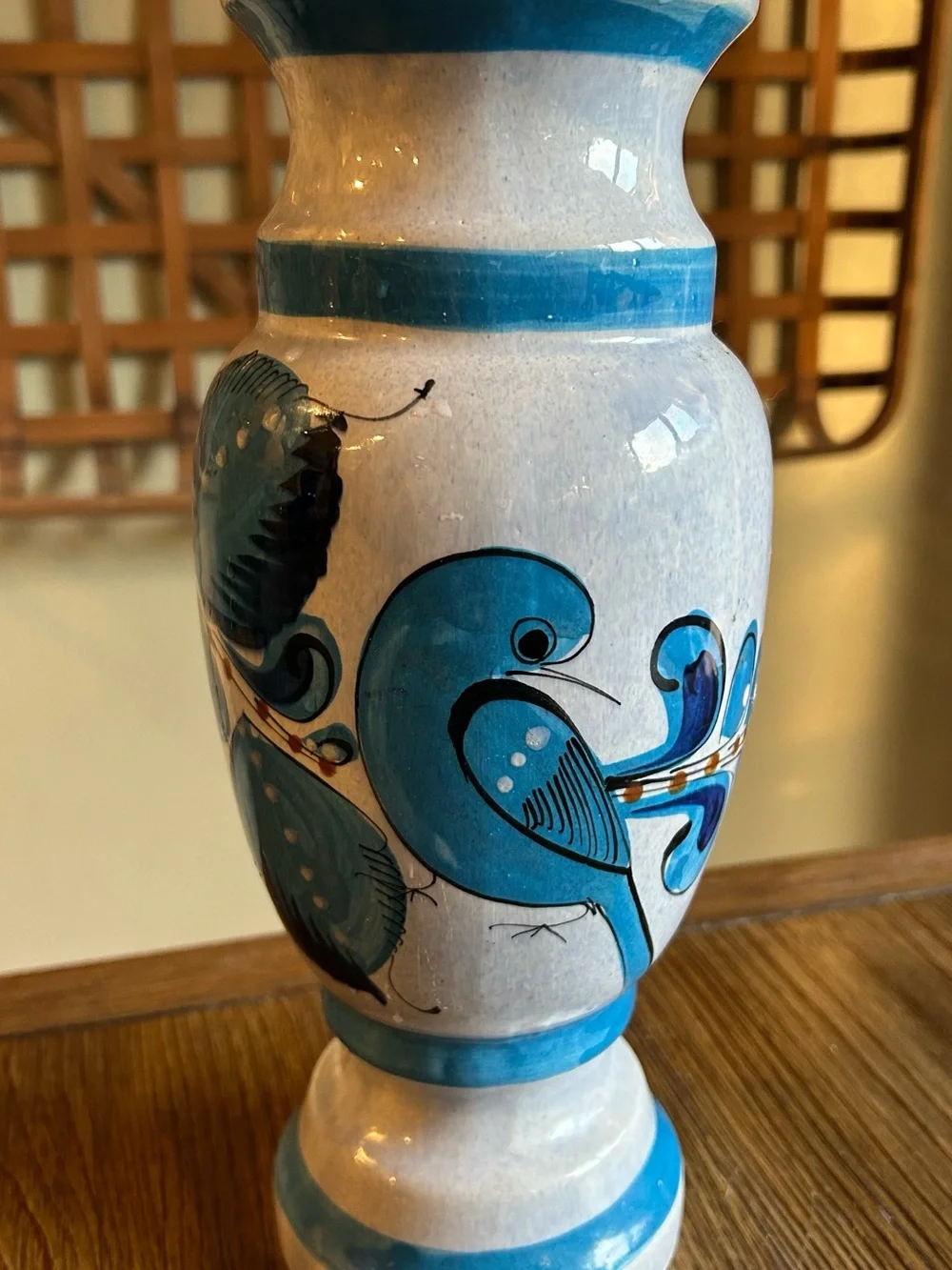 Blue Hand-Painted Pottery Vase with Bird and Floral Motif|Tonala Made in Mexico